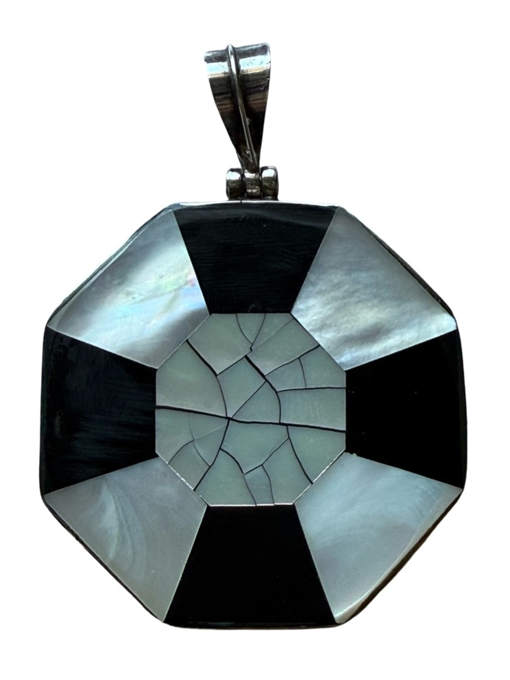 Unique Vintage Mother of Pearl & Onyx 925 Silver Pendant